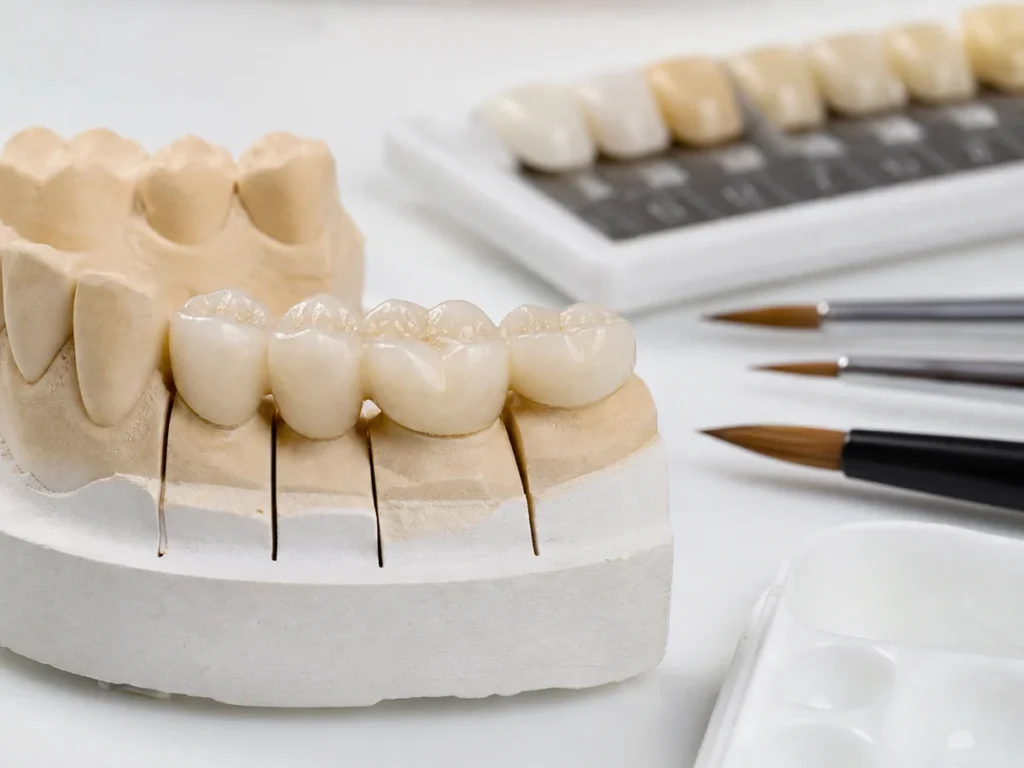 Puente de cerámica colocado sobre un modelo dental de laboratorio
